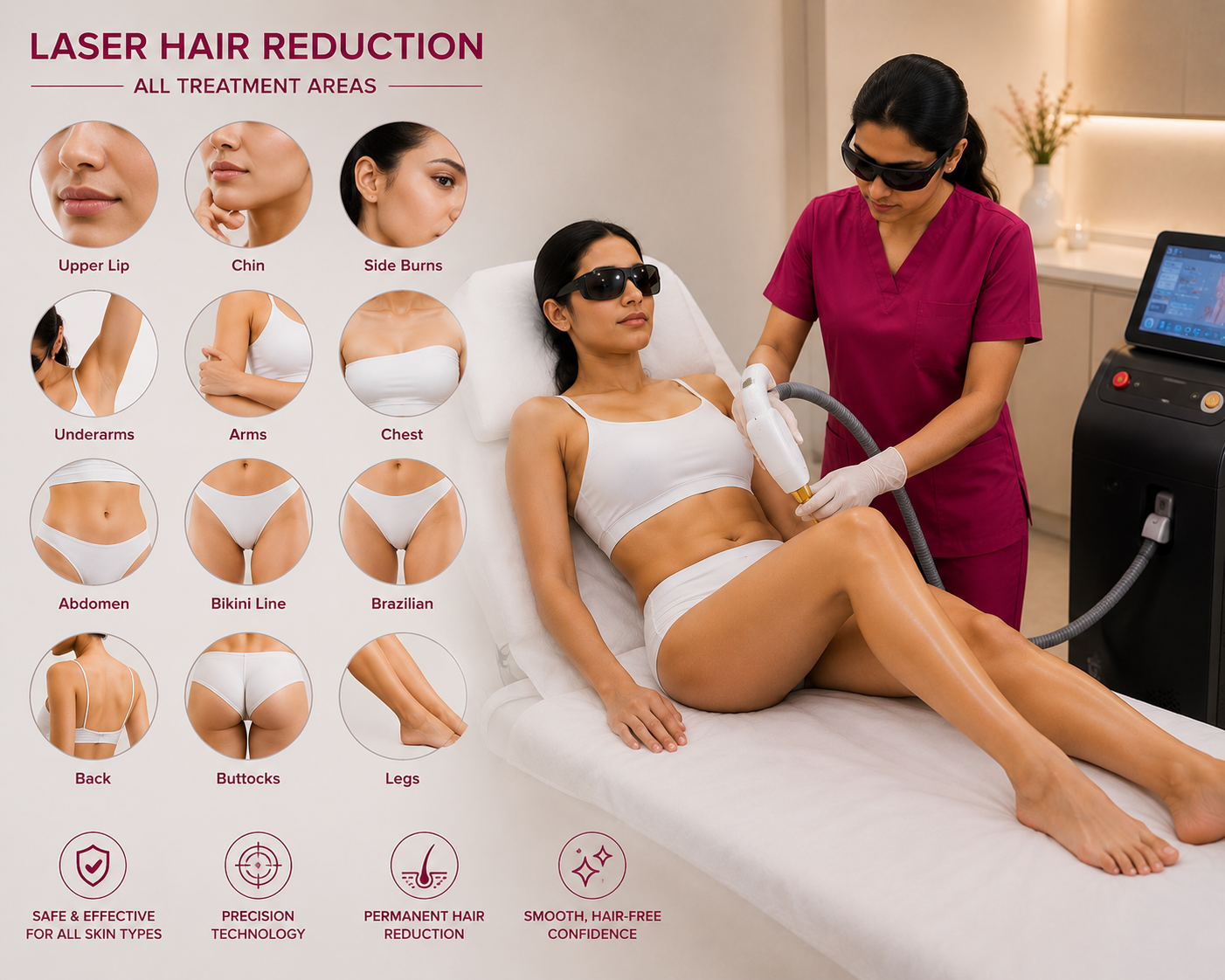 Laser hair reduction treatment areas — face & body for men and women at Aesthetic Derm Clinic Delhi